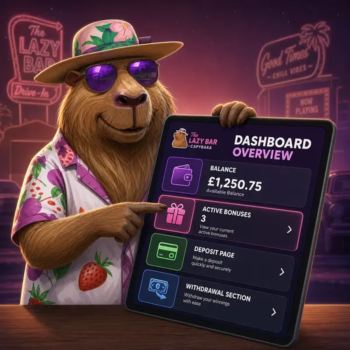Capybara tapant sur le portail de connexion au Casino Dashboard Overview avec lueur violette