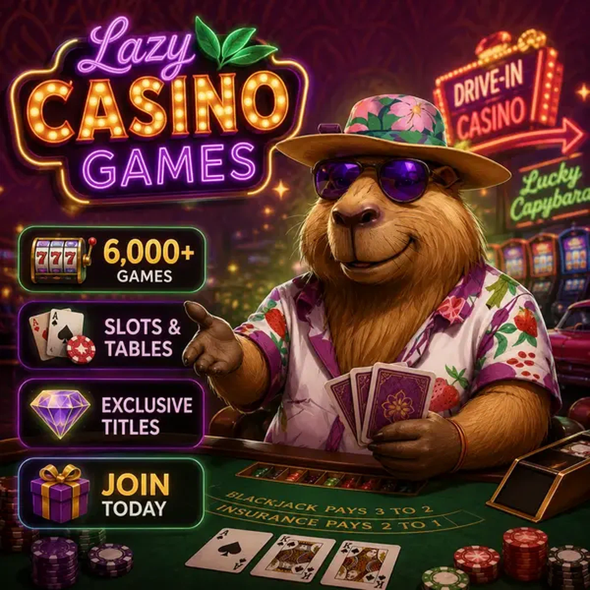 Hôte capybara invitant les joueurs à rejoindre Lazy Bar Casino Games avec tables de jeu classiques