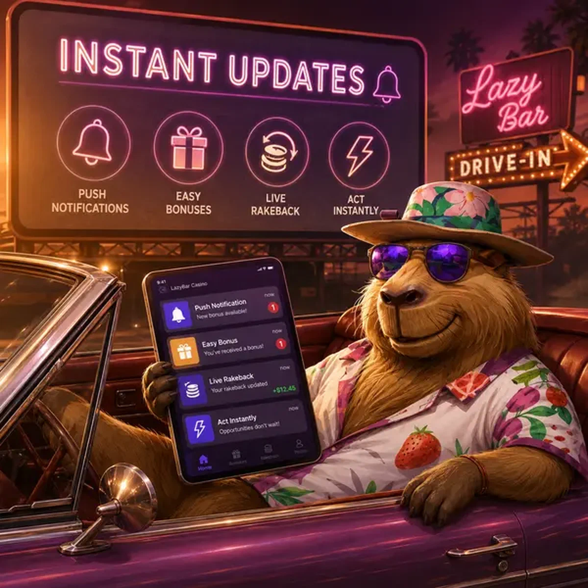 Notifications Application Mobile Lazy Bar illuminant l'écran alors que le joueur reçoit des mises à jour instantanées