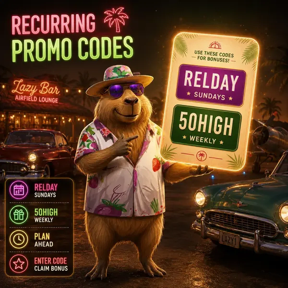 Code promo flottant au-dessus du calendrier de codes promo récurrents de Lazy Bar avec capybara dans un cadre tropical