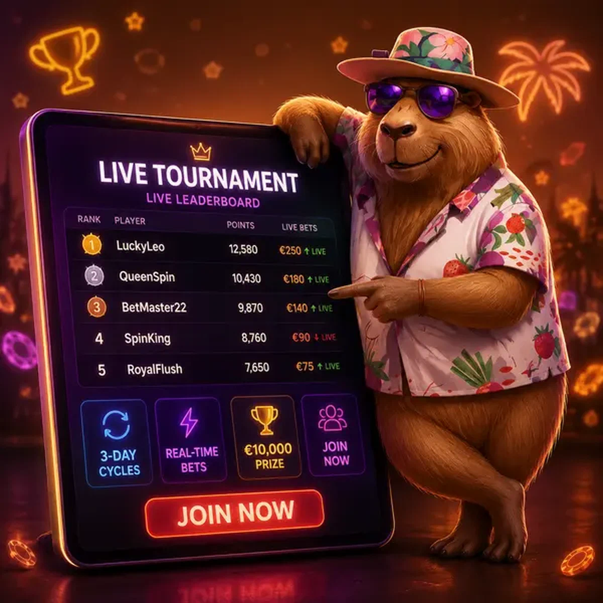 Capybara avec lunettes de soleil organisant le classement du tournoi live au Casino Live Tournament and Weekly Leaderboards