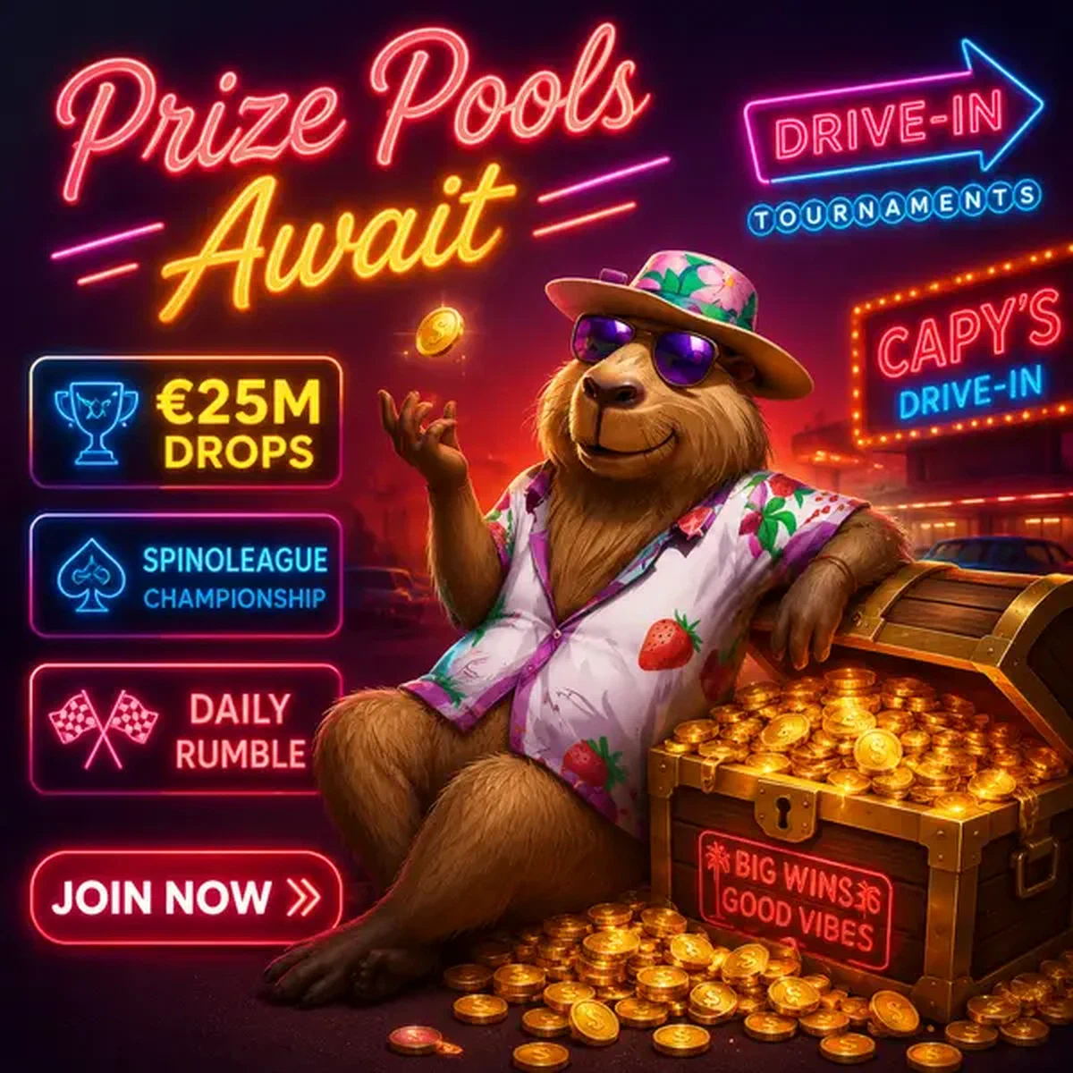 Capybara Casino Lazy Bar se relaxant avec un coffre au trésor alors que les pools de prix de tournoi de machines à sous attendent
