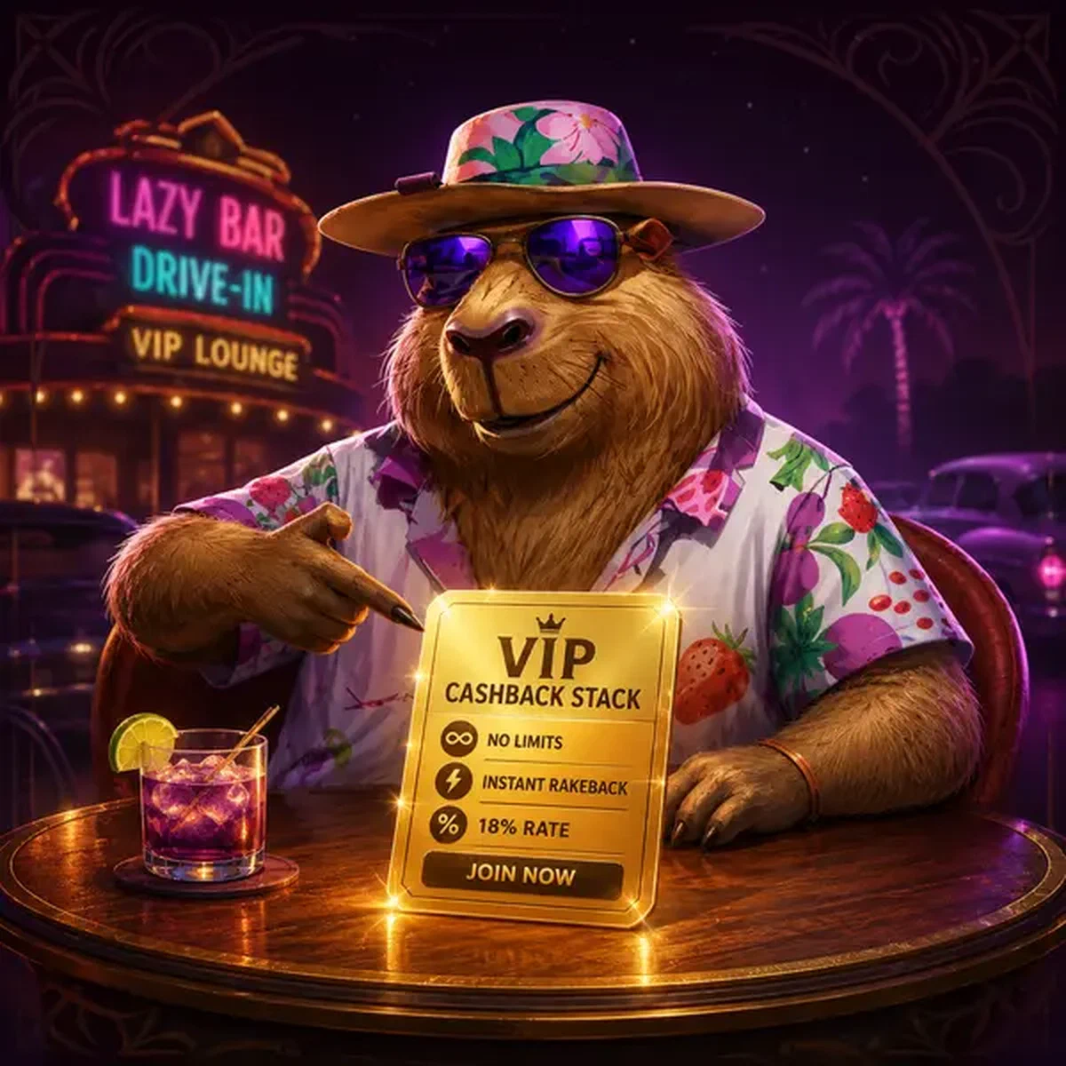 Capybara Lazy Bar faisant un geste vers une carte bonus VIP avec récompenses rakeback exclusives