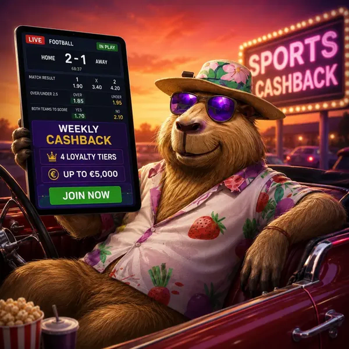 Capybara avec lunettes de soleil aviateur profitant des paris sportifs sur tablette dans un cadre de drive-in