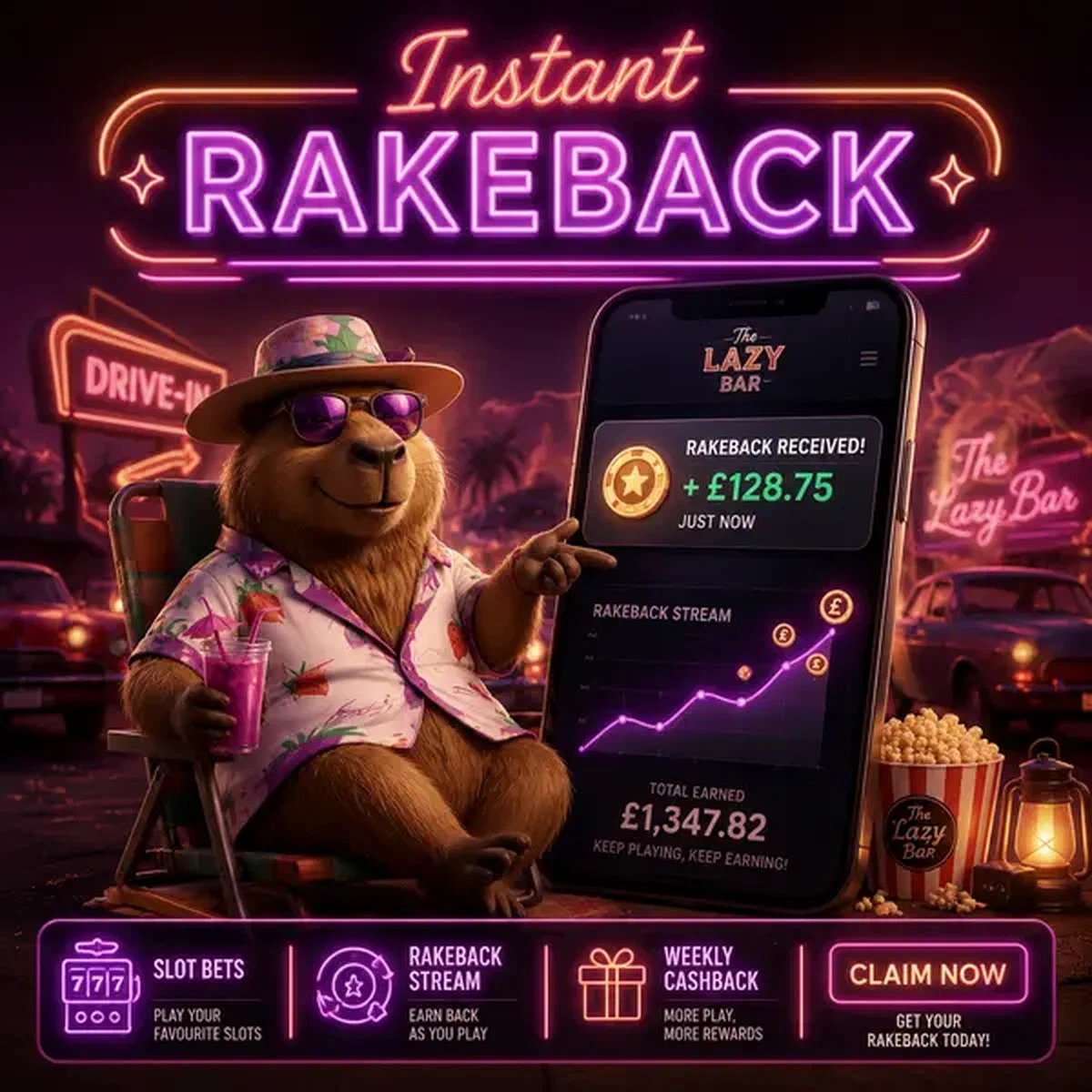 Capybara décontracté faisant un geste vers l'écran de connexion à Instant Rakeback and Weekly Cashback Claims