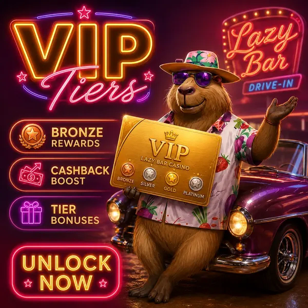 Capybara Lazy Bar tenant une carte de code promo VIP dorée avec récompenses de niveau Bronze à Platinum