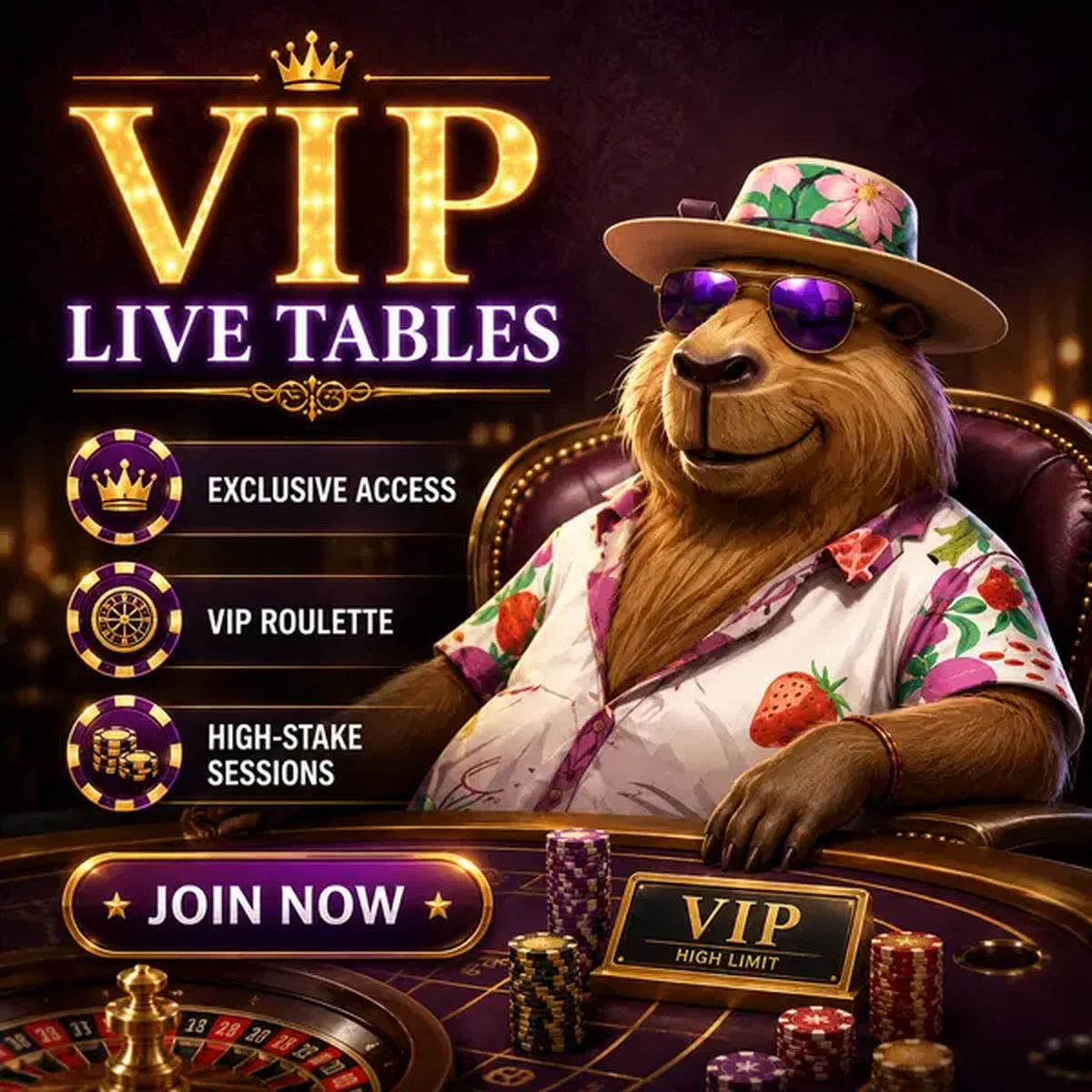 Capybara décontracté en lunettes de soleil violettes se prélassant aux Tables Live VIP zone de jeu exclusive