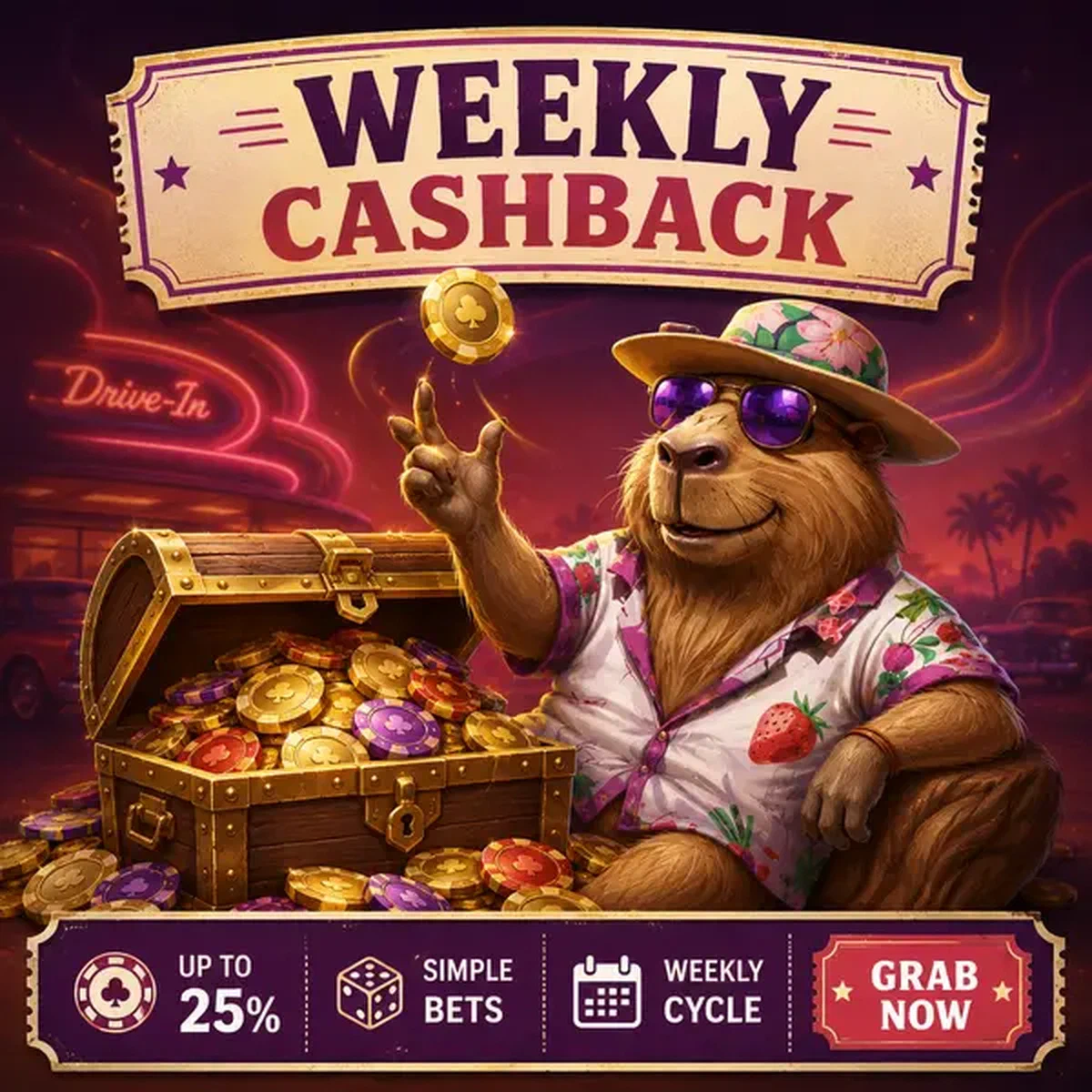 Capybara en chemise hawaïenne découvre le bonus cashback hebdomadaire au coffre au trésor décontracté