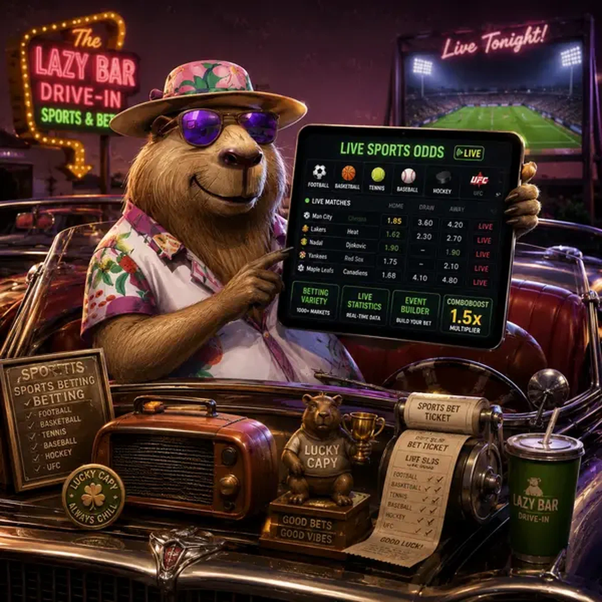 Capybara avec lunettes aviateur vérifiant les cotes de paris sportifs sur tablette chez Lazy Bar Sports Betting