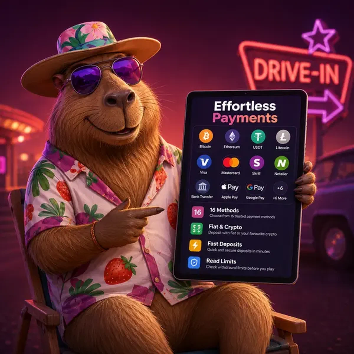 Capybara en chemise hawaïenne présentant les méthodes de paiement Lazy Bar avec options crypto et fiat