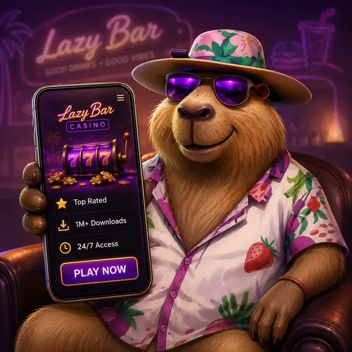 Application Lazy Bar Mobile Experience brillante alors que le capybara guide les joueurs à travers le jeu mobile