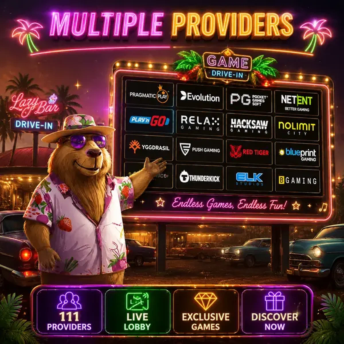 Hôte capybara pointant vers panneau d'affichage des fournisseurs de jeux dans le lobby casino Lazy Bar Software Providers