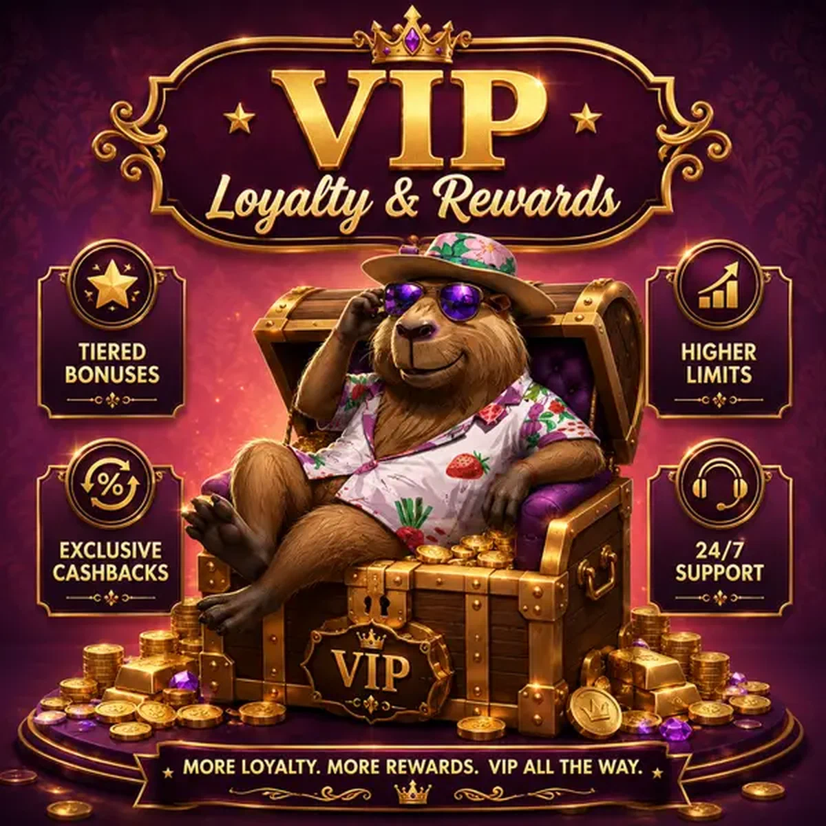 Capybara VIP Lazy Bar se prélassant sur coffre au trésor avec récompenses de fidélité et bonus exclusifs